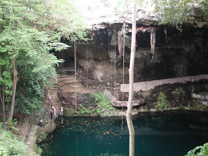 View from above, looking down into Cenote Zací. Vines hang down to the water from above. A stone staircase leads up from the dark blue-green waters. A few scattered fallen leaves litter the surface of the water.